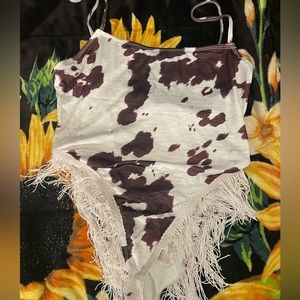 Pretty little thing cow print fringe bodysuit